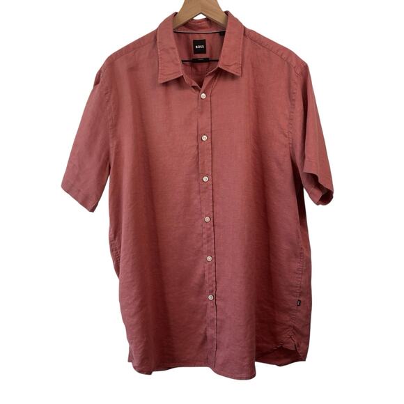 Hugo Boss Mens Shirt Size XXL Pink Res Casual Button Down Linen Beach Preppy - Picture 1 of 9
